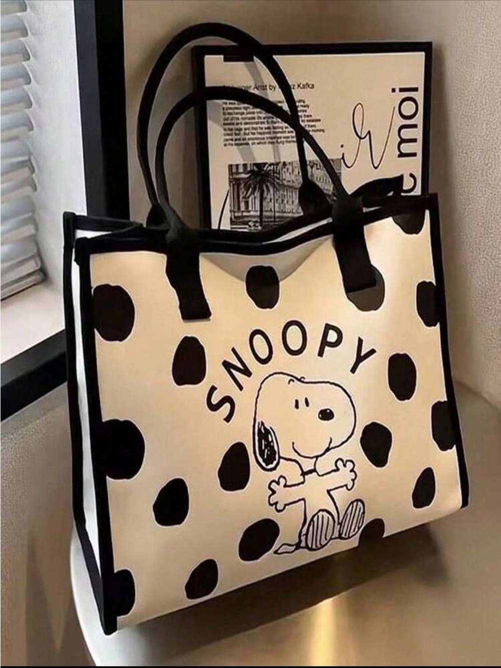 Snoopy Black & Cream Polka Dot Tote Bag NEW 🏷️